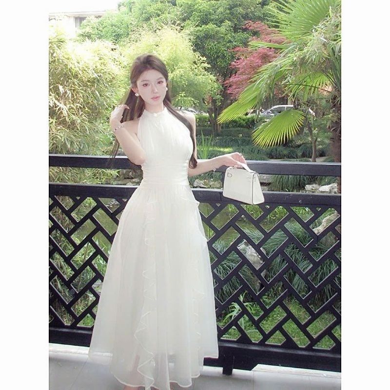 Đầm voan cổ yếm dự tiệc , váy voan bèo viền dáng dài màu kem  tôn da phong cách thanh lịch V279[có mút] | BigBuy360 - bigbuy360.vn