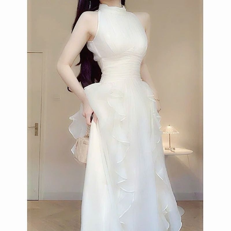 Đầm voan cổ yếm dự tiệc , váy voan bèo viền dáng dài màu kem  tôn da phong cách thanh lịch V279[có mút] | BigBuy360 - bigbuy360.vn