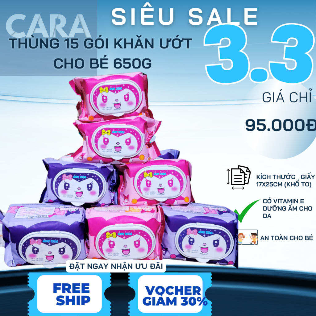 [GIÁ SỈ]Thùng 15 Gói Khăn ướt cho bé AMY KIDS 650g,gói to,khổ giấy 18*25cm,khăn giấy ướt Không mùi