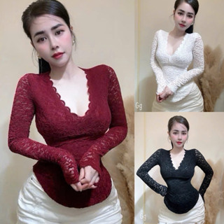 ÁO Thun REN Cổ Tim Tay Dài Vạt Bầu 2 Lớp