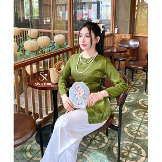 Nguyên bộ bà ba cổ tròn đính cúc học áo lụa xước quần lụa satin tay dài-L06