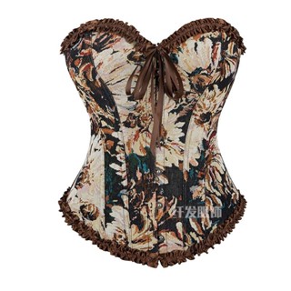 Áo Corset Định Hình Cơ Thể In Hoa Màu Nâu Phối Ren Thắt Lưng