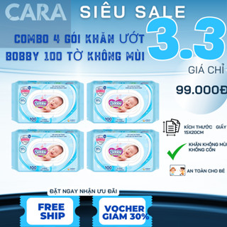 Combo 4 gói khăn ướt em bé bobby không mùi 100 miếng mẫu mới, khăn ướt bobby an toàn cho bé 100 tờ