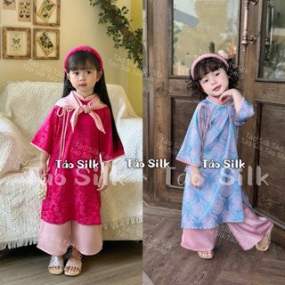 Áo Dài Cổ Trụ Phối Màu Cho Bé Gái Vải Gấm Hoa Cao Cấp, Bao Gồm Áo Và Quần (Ảnh Shop Chụp)