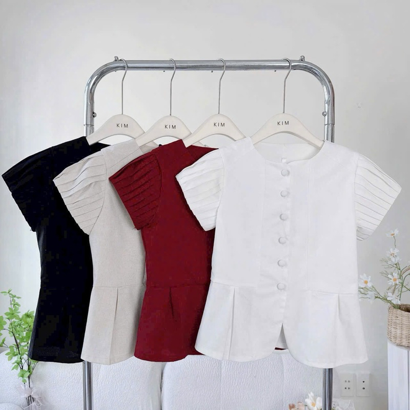 ( Sam’s Clothing ) Áo kiểu nữ nút bọc xếp li tay chất linen