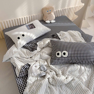 Bộ chăn ga gối đũi mắt thêu, set 4 món chăn hè trần bông, ga giường và 2 vỏ gối nằm bo chun miễn phí mọi kích thước