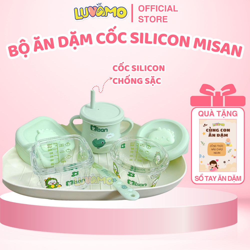 Bộ bát ăn dặm cốc tập hút silicon chống sặc chính hãng Misan an toàn cho bé Luvamo