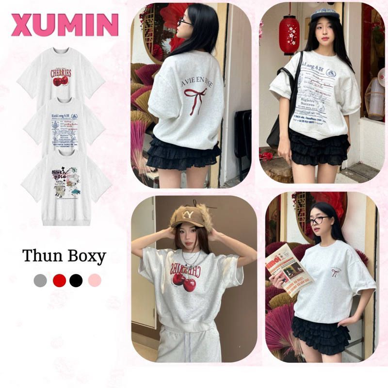 Áo Thun Dáng Boxy Xu Min Min - Chất Liệu Nỉ 2 Da Trendy Phong Cách Thời Trang Nữ Màu Xám Tiêu In Hình Nhiều Phân Loại