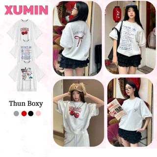 Áo Thun Dáng Boxy Chất Liệu Nỉ 2 Da Trendy Phong Cách Thời Trang Nữ Màu Xám Tiêu In Hình Nhiều Phân Loại