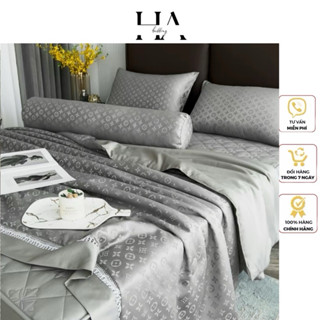 Bộ chăn ga gối phi lụa vân chìm cao cấp HA_bedding, set 5 món chăn ga gối trần bông kèm vỏ gối ôm chất liệu mềm mịn.