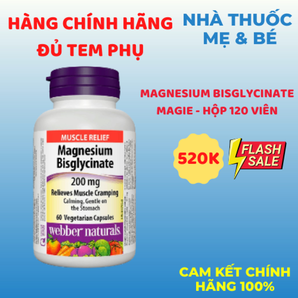 [ Chính hãng - Có tem check ] Magie Webber Naturals Magnesium Bisglycinate 200mg - Bổ Sung Magie