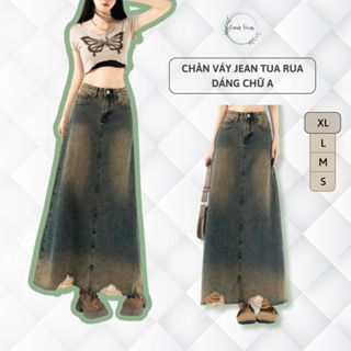  Chân váy jean dáng dài LUNA WEAR cạp cao chân váy jean chữ A tua rua tôn dáng thanh lịch A37 