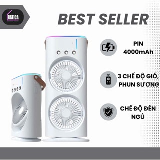Quạt điều hòa hơi nước tích điện, quạt phun sương mini 2 đầu 4000mAh, 3 vòi phun tích hợp LED đèn ngủ.