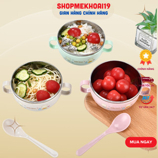 Bát ăn dặm cho bé, Bát Ăn Inox Cách Nhiệt Có Tay Cầm Kèm Muỗng Và Nắp Cho Bé-Khoaibaby