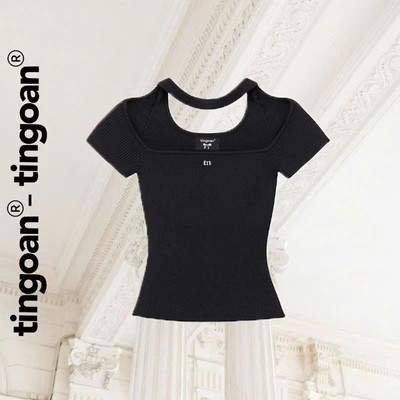 TINGOAN® - Áo len xù ngắn tay đen phối dây choker cổ GISELLE TOP/BL