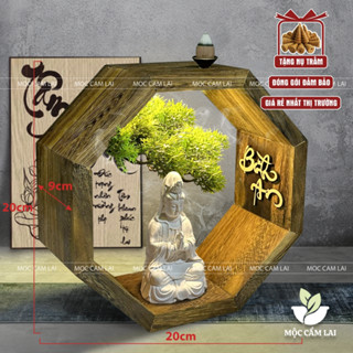 Tiểu Cảnh Xông Trầm Hộp Gỗ Bát Giác Đặt Tượng Phật (Size 20cm) Có Đèn, Đế Trụ Đốt Trầm ( Tặng kèm Nụ Trầm )