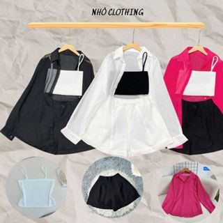  Set đồ nữ big size 3 món gồm áo sơ mi voan lụa cát dài tay kết hợp áo 2 dây croptop và quần đùi basic dễ mặc-SET967 