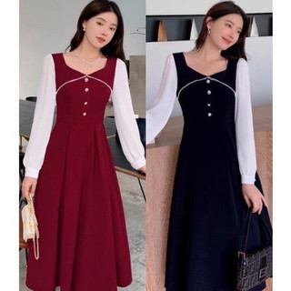 Váy 2 màu Đen Đỏ kiểu thời trang công sở, đi tiệc, đi chơi dáng xòe cổ bẻ cách điệu Deloga_official