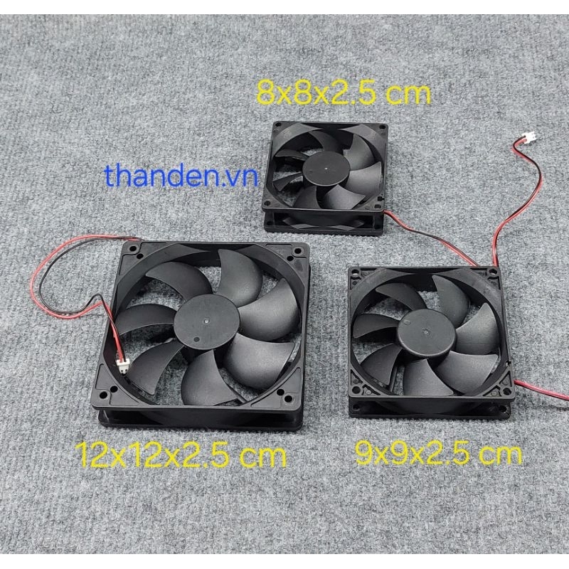 Quạt DC vuông 8x8 9x9 12x12 loại 12v/24v . Quạt DC 12v 24v vuông dày 2.5cm