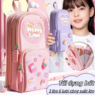Hộp bút dáng balo 3 lớp 6 ngăn gắn charm 3D xinh xắn, túi đựng bút bé gái cao cấp, đồ dùng họ tập, văn phòng