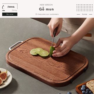 Thớt gỗ mun nguyên khối nhập khẩu cao cấp có quai cầm, thớt kháng khuẩn dày dặn có rãnh chống tràn