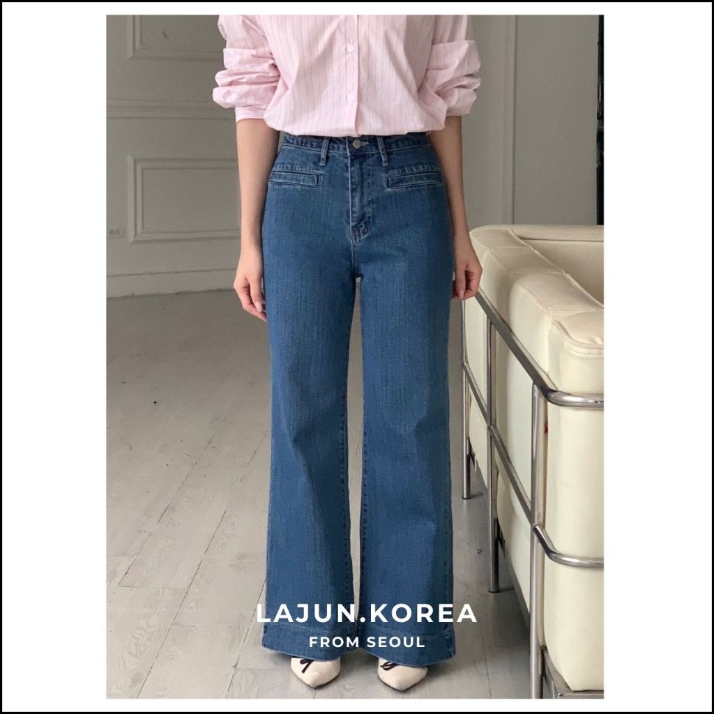 [LAJUN KOREA] Quần Jeans Holic Ống Suông Loe Co Giãn Lưng Cao Mềm Hàn Quốc
