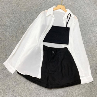  Set bigsize nữ 3 món  áo sơ mi voan mát áo thun hai dây co giãn quần đùi dáng A mặc đi chơi đi biển 55-95kg- SET967 
