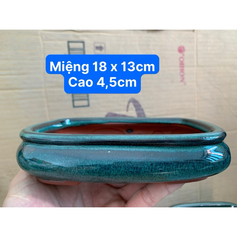 Chậu chữ Nhật gốm bát tràng men xanh hỏa biến