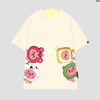 áo thun tay lỡ hoạt hình dễ thương màu da in hải ly hồng labubu capybara gấu