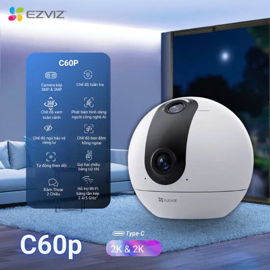 Camera Wifi EZVIZ C60P Dual Mix 2K - Phiên Bản Camera 2 Mắt Kép Trong Nhà, Góc Dọc Siêu Rộng, Bảo Hà