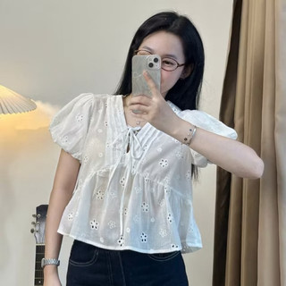 Áo babydoll tay ngắn cổ V vải linen hoạ tiết hoa nhí ulzzang