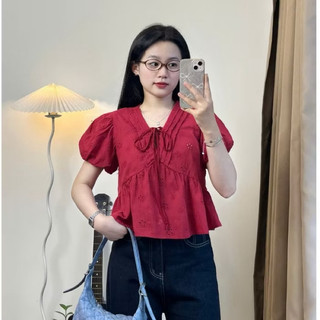 Áo babydoll tay ngắn cổ V vải linen hoạ tiết hoa nhí ulzzang