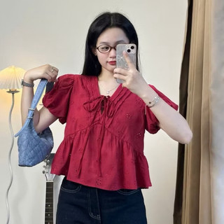 Áo babydoll tay ngắn cổ V vải linen hoạ tiết hoa nhí ulzzang