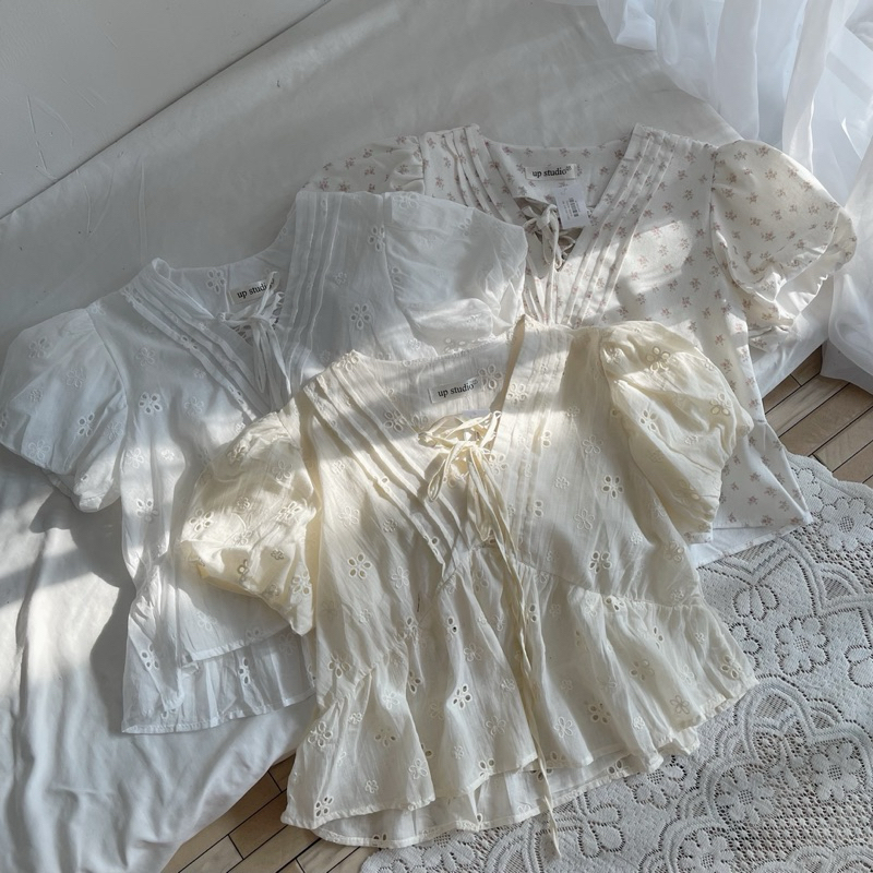 Áo babydoll tay ngắn cổ V vải linen hoạ tiết hoa nhí ulzzang