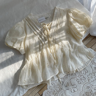 Áo babydoll tay ngắn cổ V vải linen hoạ tiết hoa nhí ulzzang
