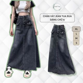 Chân váy jean dáng dài LUNA WEAR cạp cao tua rua, chân váy bò chữ A túi hộp tôn dáng thanh lịch A32