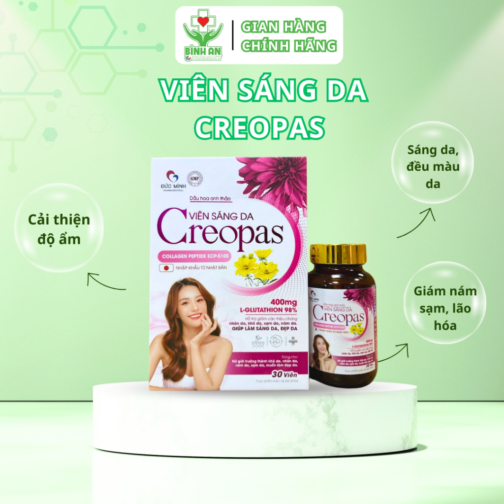 Viên sáng da Creopas giúp đều màu da, giảm thâm nám, cấp ẩm tăng đàn hồi da - Lọ 30v - NT Bình An