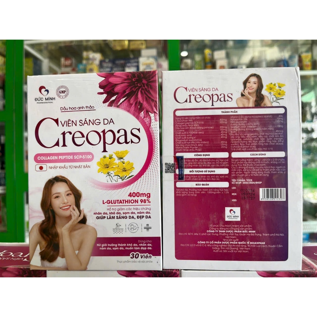 Viên sáng da Creopas giúp đều màu da, giảm thâm nám, cấp ẩm tăng đàn hồi da - Lọ 30v - NT Bình An