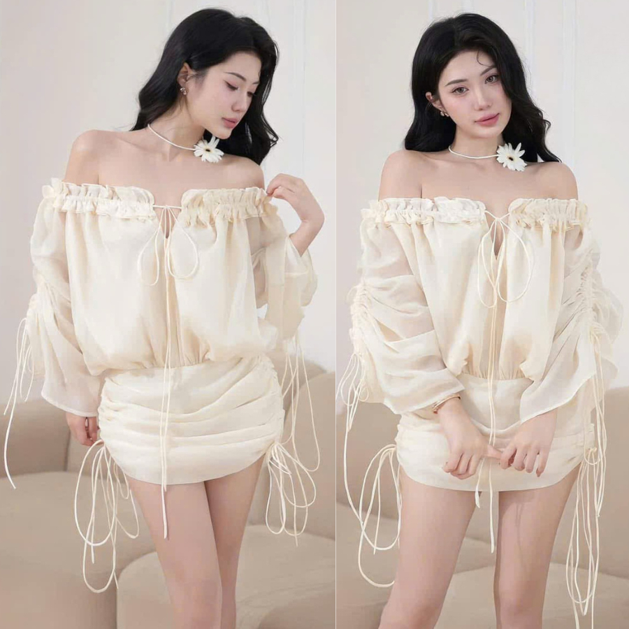 Đầm Trễ Vai Bánh Bèo Thun Tay Chạy Bèo Ngực Màu Kem MELLYSTORE Đầm Bánh Bèo Chất Vải Tơ Cao Cấp Đẹp 