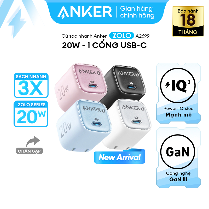 Củ sạc nhanh Anker Zolo GaN 20W/ 30W | 1 cổng USB-C | Sạc nhanh Power IQ 3.0 | Chân gập gấp gọn tiện lợi - A2699/8