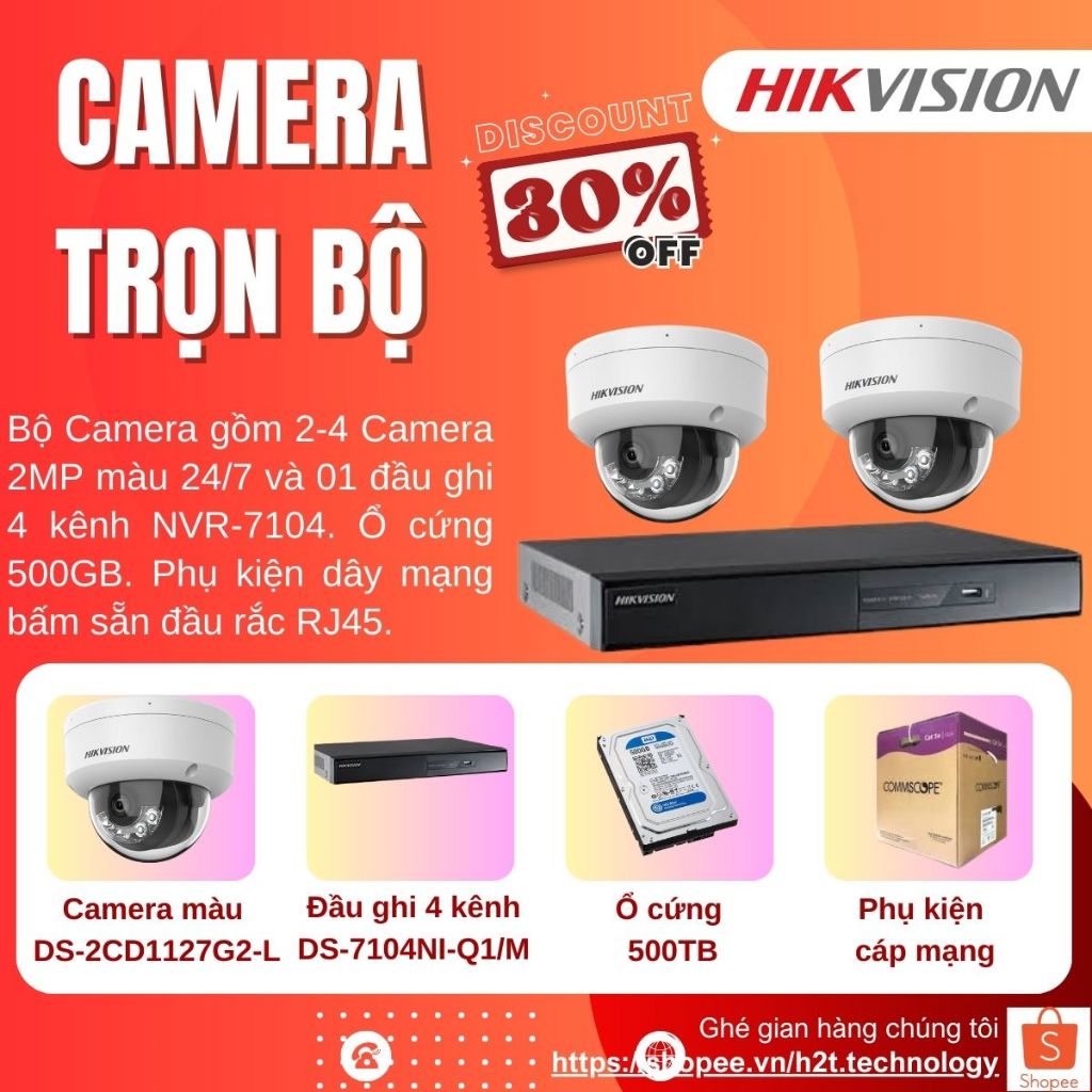 Trọn bộ Camera IP Hikvision,đầu ghi 4 kênh, Camera 2MP, màu 24/7, chống nước gồm phụ kiện