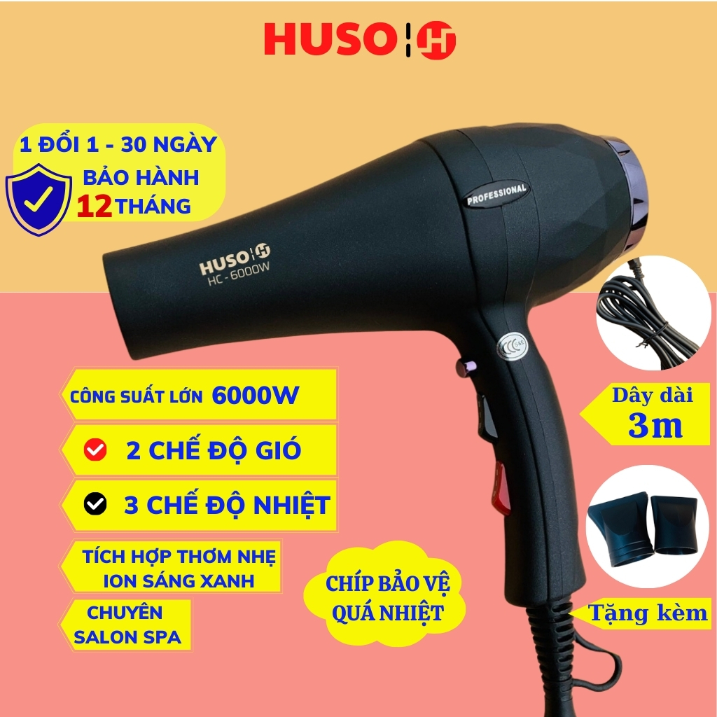 Máy sấy tóc HUSO công suất lớn HC-6000, nóng lạnh, 2 tốc độ gió,3 chế độ nhiệt, ION sáng xanh