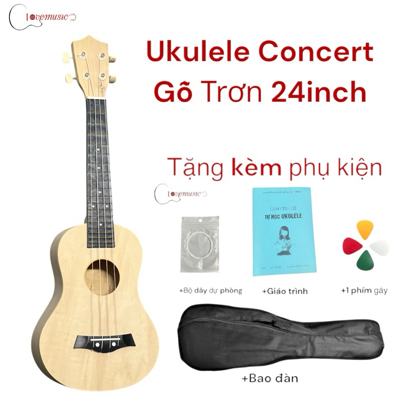 Đàn Ukulele Concert Gỗ Trơn Giá Xưởng Ưu Đãi Tặng Đầy Đủ Phụ Kiện