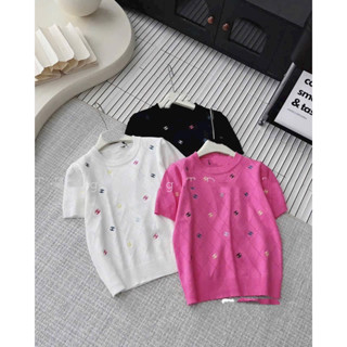 Áo len nữ cộc tay cổ tròn len mongtoghi hoạ tiết chữ x thêu free size mã 873