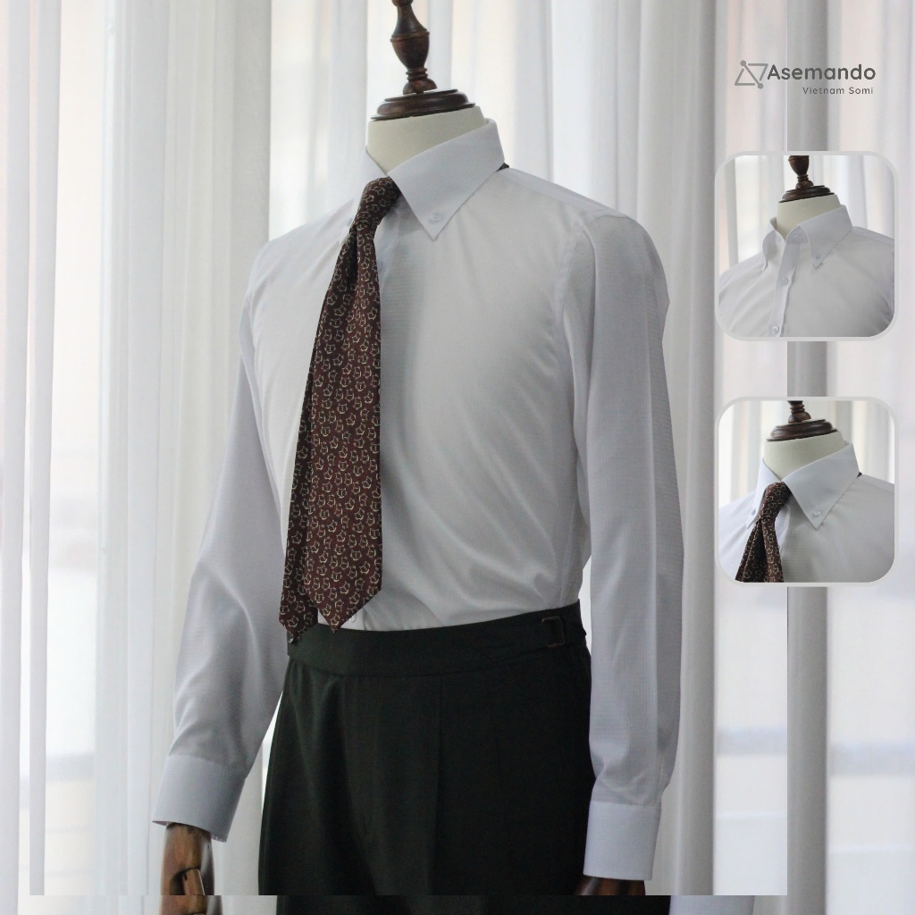 Sơ mi cổ Buttondown Trắng dệt thoi vải bamboo Vietnam Culture cao cấp chính hãng Asemando Sơ mi cổ đ