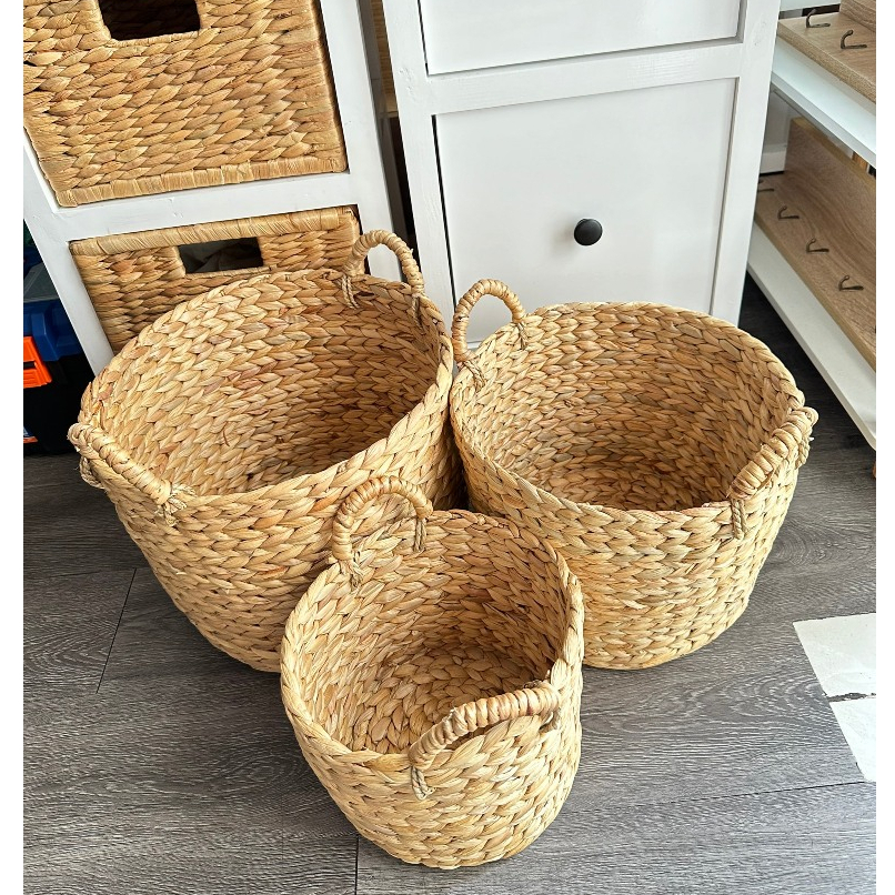 Giỏ tròn có quai, giỏ tròn cói lục bình, xịt PU hạn chế bám bụi,sọt đựng quần áo, giỏ cói trồng cây,