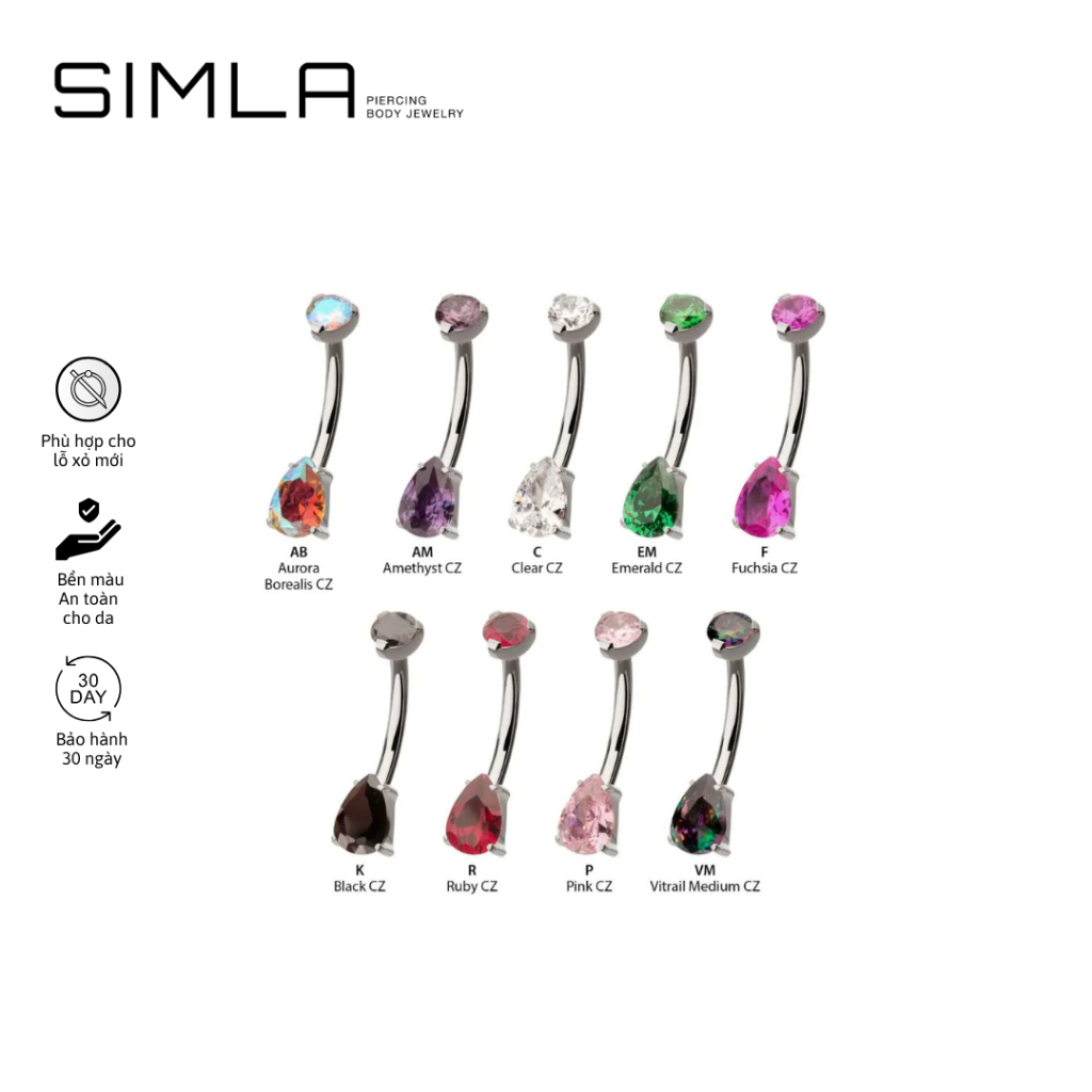 Khuyên rốn cao cấp đá giọt nước đủ màu bằng Titanium cấy ghép Simla - Simla Body Jewelry
