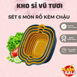  Set 6 món rổ kèm chậu bộ 3 rổ và chậu thau nhựa rửa rau củ đựng hoa quả trái cây 2 lớp hình tròn chất liệu nhựa PP 