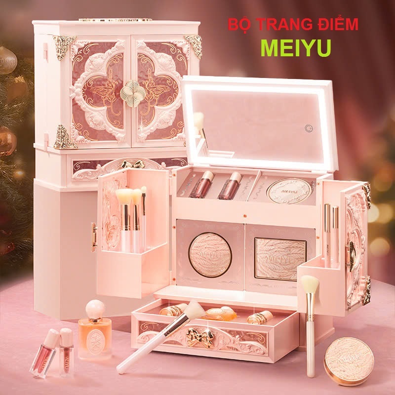Bộ trang điểm MEIYU hộp điêu khắc có gắn gương led cảm ứng - Quà tặng tình yêu quà 14-2 quà 8-3 quà 
