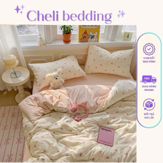 Bộ Chăn Ga Gối 4 Món Họa Tiết Hoa Nhí. Set Vỏ Chăn Ga Gối Chất Liệu Cotton Đũi Mềm Mịn Thoáng Mát của nhà Cheli Bedding